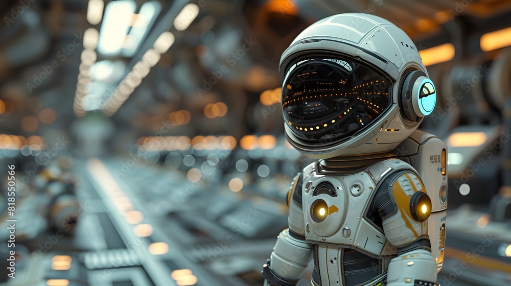 Humanoid Astronaut in Futuristic Spacecraft Control Room Humanoid Astronaut in Futuristic Spacecraft Control Room
