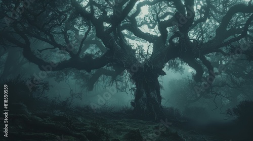 Dark, twisted trees with gnarled branches in a spooky forest, eerie mist surrounding, and a haunting pagan spirit lurking in the shadows photo