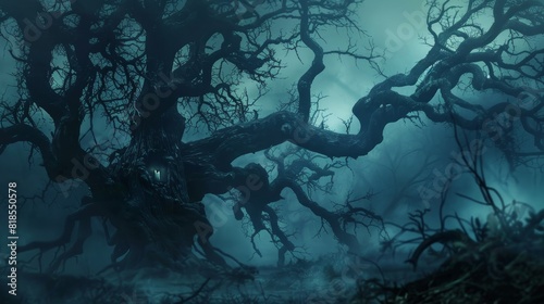 Dark, twisted trees with gnarled branches in a spooky forest, eerie mist surrounding, and a haunting pagan spirit lurking in the shadows