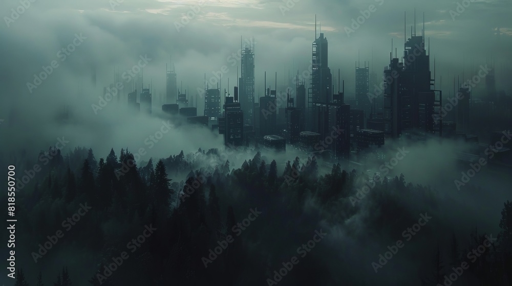 Eerie futuristic city nestled within a black forest, with fog creeping through the streets and ominous clouds above