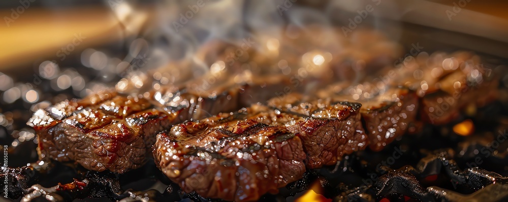 Describe the smoky aroma of grilled beef sizzling on a hot grill Describe the smoky aroma of grilled beef sizzling on a hot grill