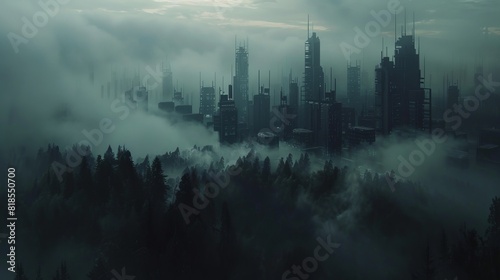 Eerie futuristic city nestled within a black forest  with fog creeping through the streets and ominous clouds above