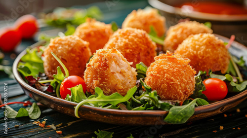 Food photography of crispy cheese croquettes arranged in a plate