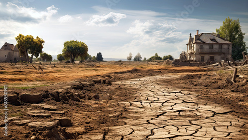 European village countryside deserted because of drought - global warming