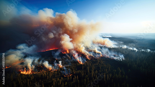 Aerial view of a pine forest fire with flame and smoke - Global Warming