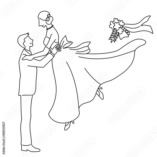 花嫁を抱き上げる花婿と舞い上がるブーケの線画のベクターイラストレーション