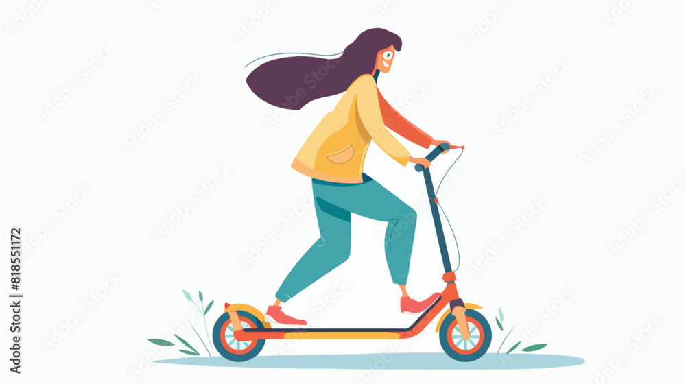 Cheerful woman riding kick scooter vector flat illustration