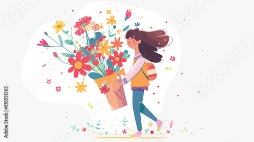 Child holding flower bouquet in hands. Cute tiny girl