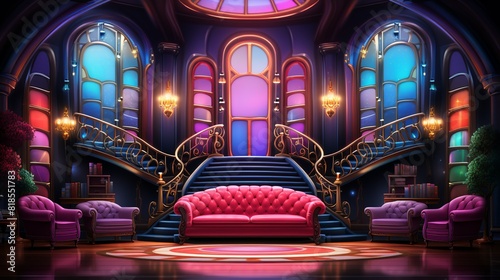 Aesthetic backgrounds, Stage with a retro, 80s theme and colorful spotlights Illustration image,