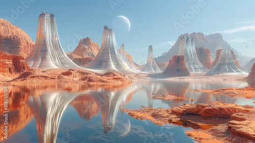 Wide shot of an alien landscape with floating mountains, curved peaks, and water reflection photo