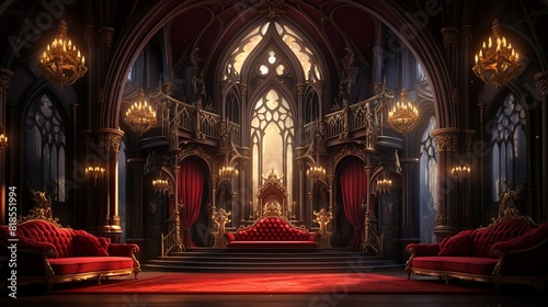 Aesthetic backgrounds  Stage with red velvet curtains and ornate decorations Illustration image 