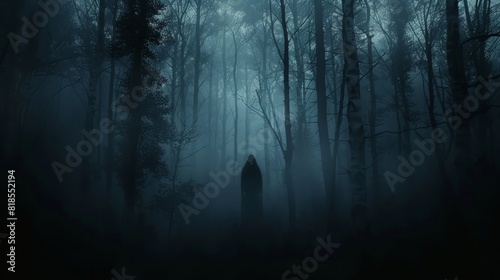 Phantom-like figure appearing and disappearing among tall, dark trees, under a foreboding night sky photo