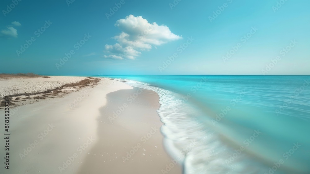 Idyllic turquoise beach, curving sandy path, soft ethereal light, cloudless blue sky, serene and inviting atmosphere