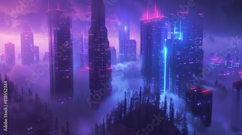 Futuristic dark city shrouded in fog  with eerie black forest and ominous clouds looming overhead  illuminated by neon lights