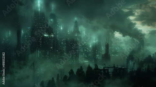 Futuristic dark city shrouded in fog, with eerie black forest and ominous clouds looming overhead, illuminated by neon lights