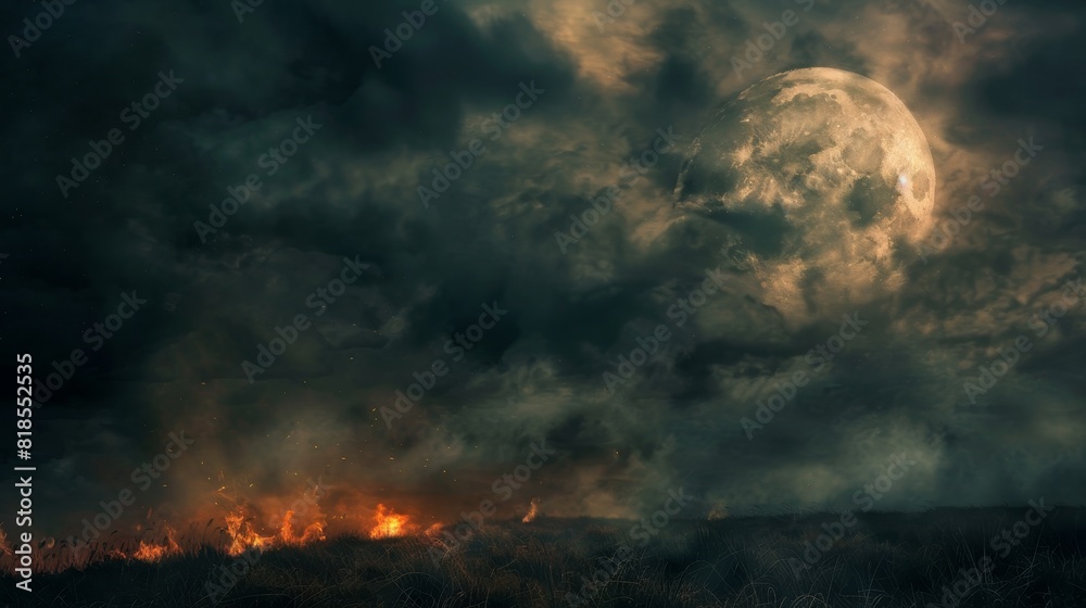 Haunting full moon Halloween scene, dark clouds drifting across the sky, casting an otherworldly light over a ghostly landscape with a flickering fire