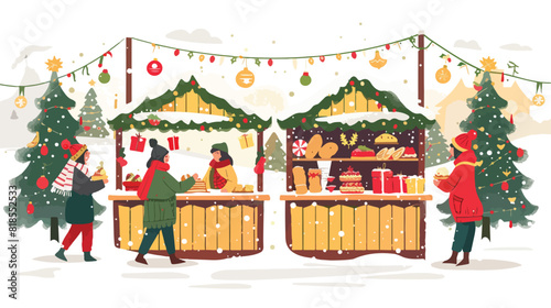 Christmas fair stall flat vector illustration. Winter