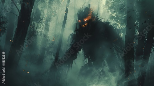 Horror scene of a demonic figure with burning eyes, emerging from the shadows in a spooky, mist-filled forest