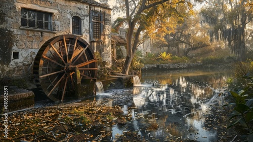 Historic salt mill with a water wheel, grinding cane, ancient machinery in detail, tranquil countryside, early morning light