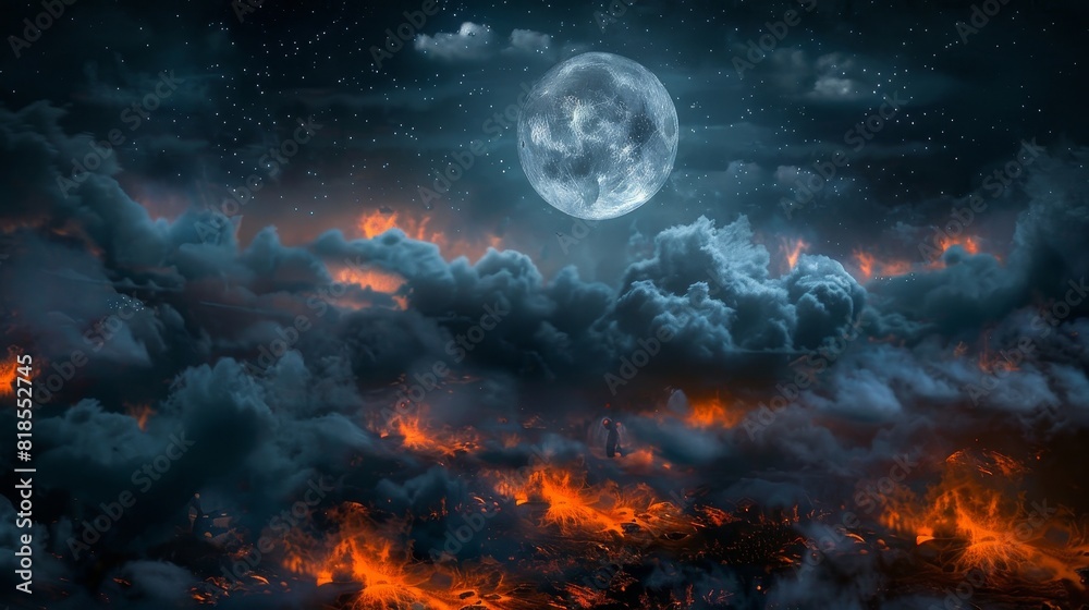 Mystical Halloween scene with a full moon illuminating an eerie night sky, ghostly clouds drifting, and a chilling landscape lit by dancing flames Mystical Halloween scene with a full moon illuminating an eerie night sky, ghostly clouds drifting, and a chilling landscape lit by dancing flames
