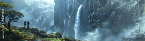 Create a scene where hikers pause to admire a majestic waterfall cascading down rocky cliffs