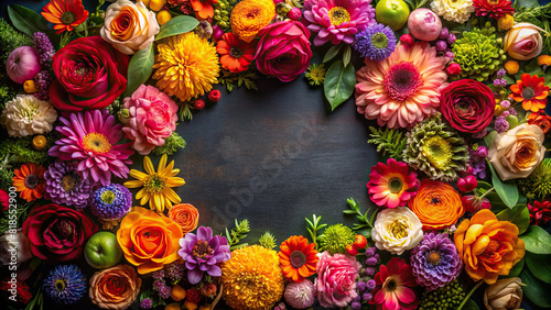 A close-up shot of a floral frame made of fresh blooms, radiating vibrant colors against a dark background, creating a striking contrast and focal point. photo