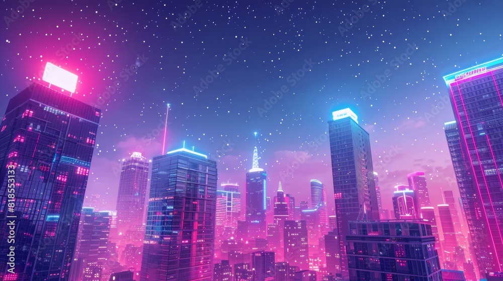 High-rise buildings glowing with neon lights, vibrant night cityscape, close-up view under a clear starry sky