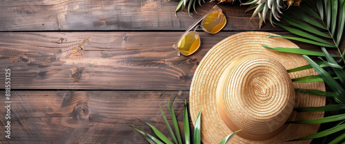 A wooden table with a straw hat and sunglasses on it