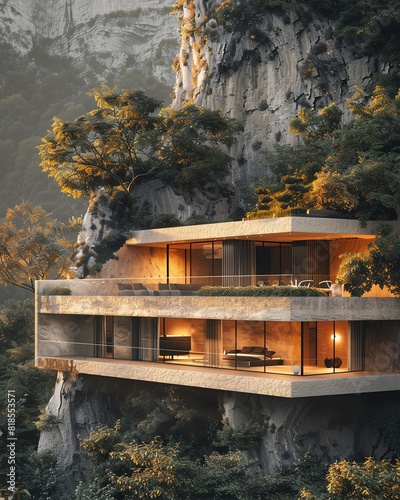 Photo of a stylish villa high on the mountain edge, bathed in the golden glow of the morning sun, inspired by Gabriel Cecilio photo