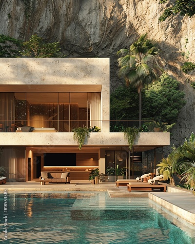 Stylish villa at the edge of a mountain, basking in the gentle morning sun, influenced by Gabriel Cecilio photo