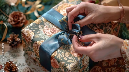 Hands preparing a gift box with vintage wrapping paper, sealing with glue tape, and adding a final touch with a luxurious ribbon, close-up view