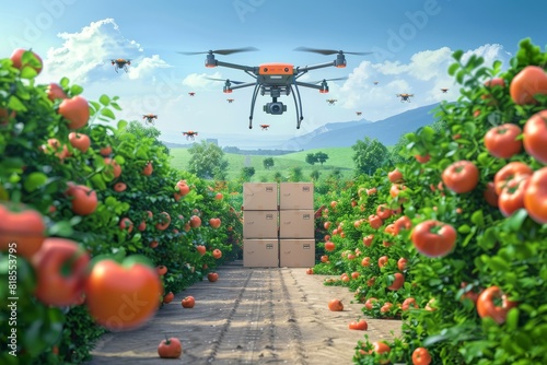 Efficient green isometric unmanned agritech drones for aerial crop monitoring, using precision agricultural equipment and vehicles