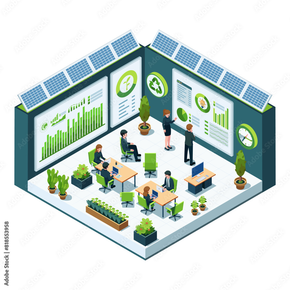 Isometric Sustainable Business Office or Eco-Friendly Workplace