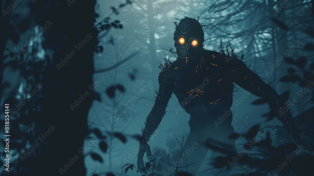 Supernatural demon with intense, glowing eyes, standing amidst a spooky forest, the environment eerie and foreboding Supernatural demon with intense, glowing eyes, standing amidst a spooky forest, the environment eerie and foreboding