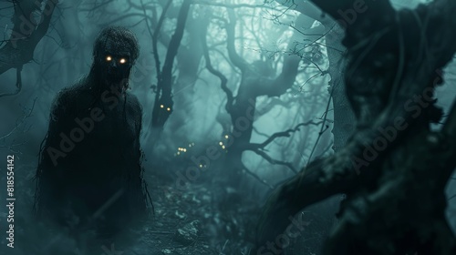 Supernatural demon with piercing eyes, standing in an ancient, ghostly forest, the atmosphere filled with dread