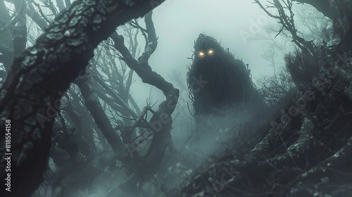 Supernatural demon-like entity with glowing eyes standing menacingly in a foggy, eerie forest, trees twisted and shadowy