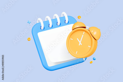 3D Calendar and Alarm clock. Planning concept. Office work and deadline. Event agenda. Time to plan. Business meeting. Cartoon design icon isolated on blue background. 3D Vector illustration
