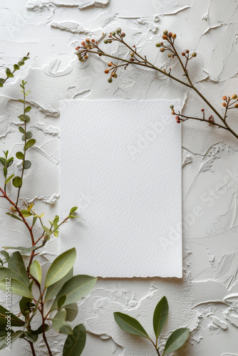 A white piece of paper with a green leaf on it. The paper is blank and has no writing on it