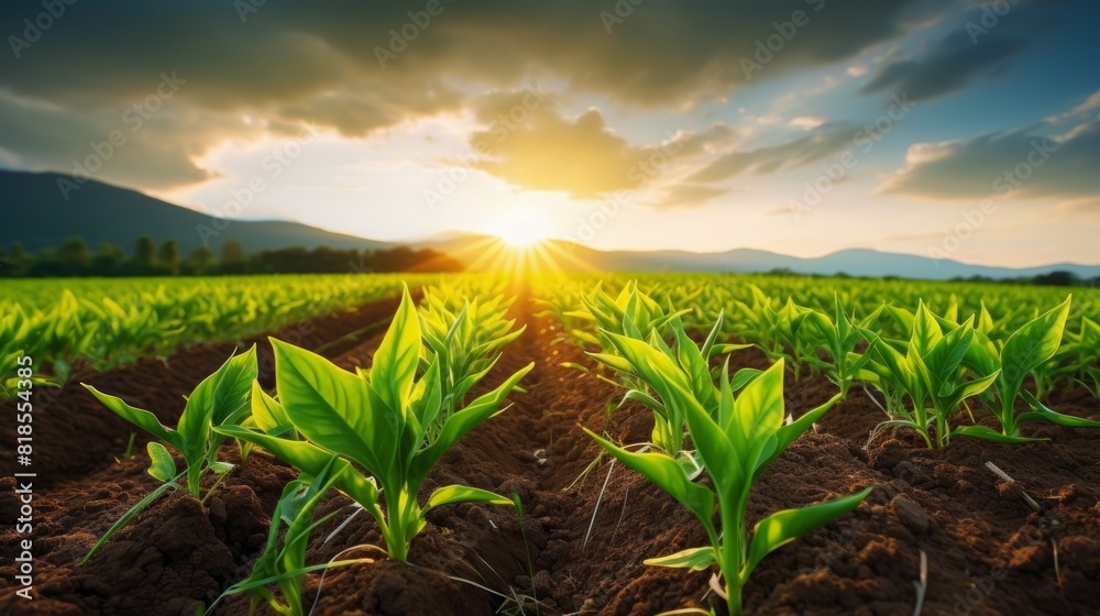 Rows of corn seedlings growing in brown plowed field at sunset, It conveys effort, new beginning, freshness, cleanliness, and warmth. Rows of corn seedlings growing in brown plowed field at sunset, It conveys effort, new beginning, freshness, cleanliness, and warmth.
