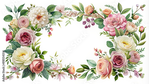 An elegant floral frame design featuring a mixture of fresh blooms and foliage, creating a sophisticated backdrop for various design projects.