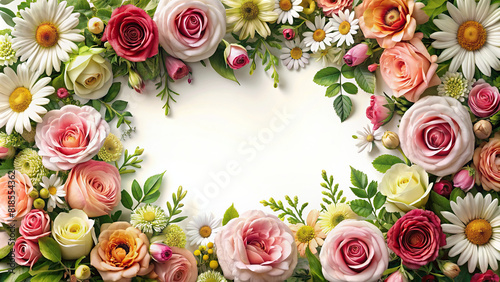 A meticulously crafted floral border featuring a mix of roses, daisies, and greenery, creating a charming frame with plenty of space for text or graphics © wasan