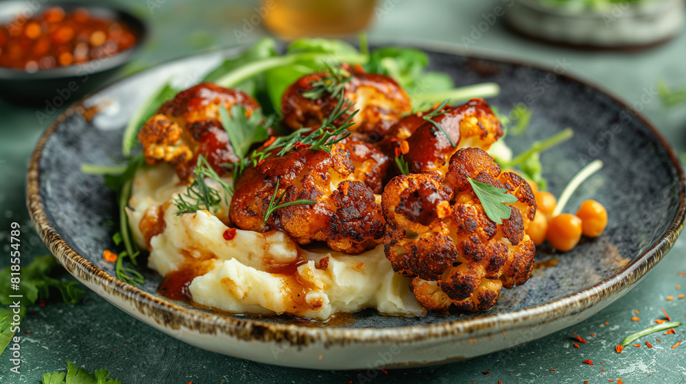 Top view of delicious roasted cauliflower with mashed potatoes and spiced harissa chickpeas served on ceramic plate on green table background.