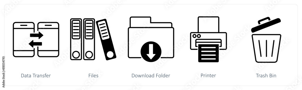 A set of 5 Business and Office icons as data transfer, files, download folder A set of 5 Business and Office icons as data transfer, files, download folder
