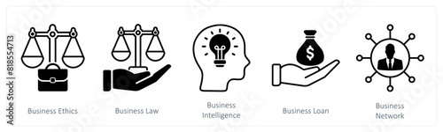 A set of 5 Business and Office icons as business ethics, business law, business intelligence
