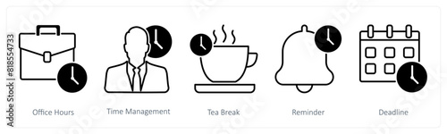 A set of 5 Business and Office icons as office hours, time management, tea break