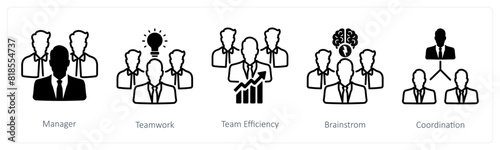 A set of 5 Business and Office icons as manager, teamwork, team efficiency