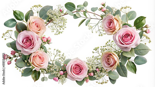 A delicate floral frame composed of pink roses, baby's breath, and eucalyptus leaves, perfect for adding a touch of elegance to any design project. photo