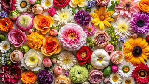 A flat lay composition showcasing a diverse selection of flowers arranged in a symmetrical pattern, offering plenty of space for customization. photo