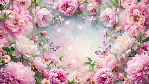 An artistic arrangement of pink peonies and cherry blossoms, forming a whimsical floral frame with a fairy-tale vibe, perfect for romantic-themed designs. © wasan