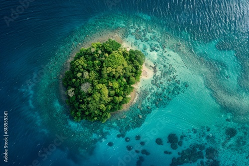 Aerial View of Lush Tropical Island and Coral Reef
